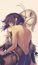 Rule 34 | 2girls, back, backless dress, backless outfit, bare arms, closed eyes, closed mouth, dress, earrings, genshin impact, gloves, hair ornament, half-closed eyes, hand on another&#039;s waist, head on another&#039;s shoulder, highres, hug, jewelry, ker0nit0, multiple girls, purple hair, shenhe (genshin impact), short hair, simple background, white gloves, white hair, yelan (genshin impact), yellow background, yuri