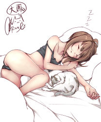 Rule 34 | 1girl, black panties, blush, brown eyes, cat, closed eyes, closed mouth, kantai collection, lying, on bed, on side, panties, pillow, rizzl, short hair, sleeping, sleepwear, taihou (kancolle), underwear, underwear only, zzz