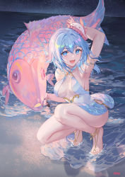 Rule 34 | 1girl, :d, arm up, armpits, atdan, bare arms, bare shoulders, barefoot, barefoot sandals (jewelry), blue eyes, blue hair, breasts, dress, feet, haiyi, halter dress, halterneck, highres, holding, large breasts, long hair, looking at viewer, open mouth, revision, short dress, sleeveless, sleeveless dress, smile, solo, squatting, synthesizer v, thighs, white dress
