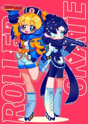 Rule 34 | 2girls, adapted costume, animification, apex legends, assault rifle, black hair, black scarf, black shorts, blonde hair, blue bow, blue eyes, blue headwear, bow, breasts, edorai, gun, highres, holding, holding gun, holding weapon, looking at viewer, medium breasts, multiple girls, open mouth, pink background, r-301 carbine, rifle, scarf, shorts, smile, symbol in eye, wattson (apex legends), weapon, white shorts, wraith (apex legends)