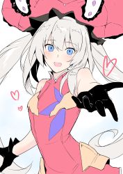 Rule 34 | 1girl, :d, absurdres, black gloves, blue eyes, blush, dress, fate/grand order, fate (series), gloves, grey hair, halcon, hat, highres, long hair, looking at viewer, marie antoinette (fate), open mouth, outstretched arm, pink dress, simple background, smile, solo, upper body, white background