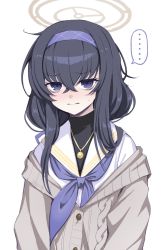 Rule 34 | ..., 1girl, black hair, blue archive, blue eyes, blue hairband, blue neckerchief, blue ribbon, blush, cardigan, closed mouth, crossed bangs, hair between eyes, hair ribbon, hairband, halo, highres, jewelry, kumadano, long hair, looking at viewer, neckerchief, necklace, ribbon, sailor collar, school uniform, serafuku, simple background, solo, spoken ellipsis, sweat, ui (blue archive), upper body, white background, white sailor collar