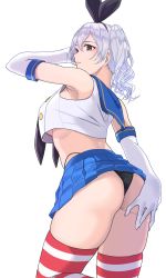 Rule 34 | 1girl, ass, black eyes, black hairband, black neckerchief, black panties, blue sailor collar, blue skirt, breasts, commentary request, cosplay, cowboy shot, crop top, elbow gloves, gloves, hairband, haruichi (komikal), highleg, highleg panties, highres, kantai collection, kashima (kancolle), large breasts, long hair, microskirt, miniskirt, neckerchief, panties, pleated skirt, sailor collar, shimakaze (kancolle), sidelocks, simple background, skirt, solo, standing, striped clothes, striped thighhighs, thighhighs, tsurime, twintails, underwear, wavy hair, white background, white gloves