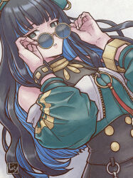 Rule 34 | beret, black hair, blue-tinted eyewear, blue hair, colored inner hair, fate/grand order, fate (series), green hat, green jacket, hat, jacket, jewelry, looking over eyewear, multicolored hair, neck ring, o-ring, purple-tinted eyewear, round eyewear, sunglasses, tanabanata, tenochtitlan (fate), tenochtitlan (second ascension) (fate), tinted eyewear, wavy hair, zipper