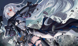 Rule 34 | 1girl, absurdres, arknights, black cloak, black gloves, black pants, blue sky, building, chinese commentary, cloak, closed mouth, clothing cutout, commentary request, cowboy shot, destruction, dutch angle, gloves, hair between eyes, highres, holding, holding sword, holding weapon, long hair, long sleeves, outdoors, pants, red eyes, ruoruoqiuu, silver hair, skadi (arknights), sky, solo, standing, sword, thigh cutout, very long hair, weapon, wind, wind lift