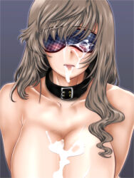 Rule 34 | 1girl, belt collar, blindfold, breasts, brown hair, cleavage, collar, cum, cum on body, cum on breasts, cum on upper body, facial, girls und panzer, highres, large breasts, long hair, mature female, nude, shimada chiyo, solo, upper body, yoyokkun