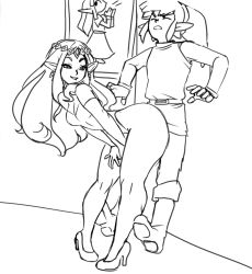 Rule 34 | 1boy, 1girl, breasts, earrings, elbow gloves, femdom, gloves, greyscale, grin, grinding, hetero, high heels, highres, jewelry, keppok, link, long hair, monochrome, nintendo, pigeon-toed, pointy ears, princess hilda, sketch, small breasts, smile, the legend of zelda, the legend of zelda: a link between worlds, v arms
