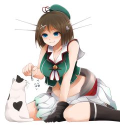 Rule 34 | 10s, 1girl, arano oki, bare shoulders, batsubyou, black gloves, blue eyes, blush, breasts squeezed together, breasts, brown hair, cat, cat teaser, cleavage, curvy, gloves, hat, headgear, kantai collection, large breasts, maya (kancolle), midriff, miniskirt, navel, playing, remodel (kantai collection), sardine, school uniform, serafuku, sitting, skirt, smile, solo, wariza, wide hips