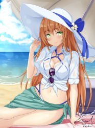 Rule 34 | 1girl, bad id, bad pixiv id, beach, bikini, bikini under clothes, blush, breasts, brown hair, cleavage, closed mouth, day, flower, girls&#039; frontline, green eyes, hat, hat flower, large breasts, long hair, looking at viewer, navel, o-ring, o-ring bikini, official alternate costume, outdoors, sarong, shirt, sitting, sleeves rolled up, smile, solo, springfield (girls&#039; frontline), springfield (stirring mermaid) (girls&#039; frontline), stomach, swimsuit, tied shirt, unel1211, white bikini, white hat, white shirt