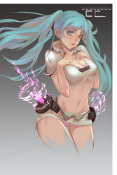 Rule 34 | 1girl, aqua eyes, aqua hair, breasts, cc drawing, cleavage, cowboy shot, cropped legs, hands on own chest, hatsune miku, highres, lips, long hair, looking at viewer, midriff, navel, panties, skirt, solo, thigh gap, twintails, underwear, very long hair, vocaloid