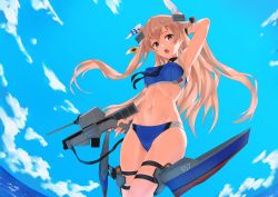Rule 34 | 1girl, adapted turret, bikini, blue bikini, blue sky, breasts, brown eyes, cannon, cloud, day, from below, highres, johnston (kancolle), kantai collection, light brown hair, long hair, medium breasts, navel, official alternate costume, outdoors, rigging, sky, solo, standing, swimsuit, thigh strap, tsukira (amayadori), turret, two side up