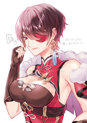 Rule 34 | 1girl, absurdres, alternate hairstyle, armpits, beidou (genshin impact), black gloves, breasts, brown hair, cleavage, colored eyepatch, earrings, elbow gloves, eyepatch, fingerless gloves, genshin impact, gloves, highres, jewelry, one eye covered, red eyes, short hair, solo, upper body, white background, yuutarou (hotter 0105 tarou)