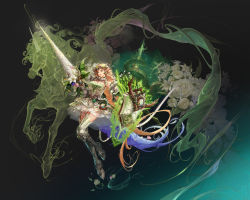 Rule 34 | absurdres, aqua eyes, blonde hair, boots, branch, breasts, cleavage, detached sleeves, dress, dungeon and fighter, elven knight (dungeon and fighter), flower, full body, gloves, green dress, green thighhighs, hair behind ear, headdress, highres, holding, holding polearm, holding shield, holding weapon, keto cactus, knee boots, knight (dungeon and fighter), lance, long hair, looking ahead, medium breasts, armored boots, open mouth, pink flower, pointy ears, polearm, rose, shield, smile, thighhighs, unicorn, weapon, white flower, white gloves, white rose
