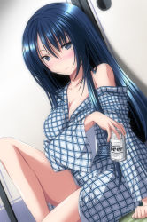 Rule 34 | 1girl, alcohol, beer, beer can, blue eyes, blue hair, can, drink can, drunk, highres, lips, looking at viewer, matching hair/eyes, mole, mole under eye, no bra, nori tamago, original, shiny skin, sitting, solo