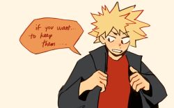 Rule 34 | 1boy, bakugou katsuki, black jacket, blonde hair, boku no hero academia, comic, commentary, commission, english commentary, english text, fenkko, jacket, long sleeves, looking to the side, male focus, open clothes, open jacket, red eyes, red shirt, shirt, short hair, simple background, solo, speech bubble, spiked hair, upper body, white background
