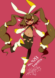 Rule 34 | 1girl, :d, blush, brown hair, brown sclera, character name, colored sclera, creatures (company), female focus, game freak, gen 4 pokemon, long hair, lopunny, navel, nintendo, open mouth, panties, pantyhose, personification, pokemon, red eyes, side-tie panties, smile, solo, thigh gap, torn clothes, torn pantyhose, underwear, very long hair, yagami eiichi