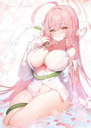 Rule 34 | 1girl, ahoge, apple caramel, blue archive, blush, breasts, character name, closed mouth, green eyes, halo, hanako (blue archive), hanako (swimsuit) (blue archive), highres, hose, large breasts, long hair, long sleeves, looking at viewer, official alternate costume, petals, petals on liquid, pink hair, pink halo, see-through, see-through shirt, shirt, smile, solo, water, water drop, wet, wet clothes, wet shirt, white shirt