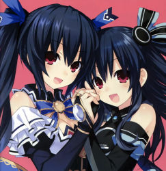 Rule 34 | &gt;:d, 10s, 2girls, :d, black hair, blue ribbon, blush, bow, breasts, bridal gauntlets, choujigen game neptune mk2, cleavage, detached collar, elbow gloves, eyebrows, gloves, hair ornament, hair ribbon, holding hands, long hair, looking at viewer, medium breasts, multiple girls, neptune (series), noire (neptunia), official art, open mouth, pink background, puffy sleeves, red eyes, ribbon, siblings, simple background, sisters, smile, tsunako, twintails, two side up, uni (neptunia), upper body, v-shaped eyebrows, wing collar