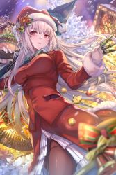 Rule 34 | 1girl, ammunition belt, bell, black pantyhose, blurry, blurry foreground, blush, bow, breasts, bullet, christmas ornaments, cowboy shot, dutch angle, expressionless, fate/grand order, fate (series), florence nightingale (fate), florence nightingale (santa) (fate), flower, front slit, fur-trimmed headwear, fur-trimmed sleeves, fur trim, gloves, green bow, green umbrella, grey hair, gun, hat, highres, holding, holding bullet, holding gun, holding weapon, jacket, lips, long hair, long sleeves, looking at viewer, medium breasts, multicolored bow, night, outdoors, pantyhose, parted lips, red eyes, red hat, red jacket, santa costume, santa hat, snowing, snowman, solo, torino aqua, tree, umbrella, umbrella gun, weapon, white gloves, wreath