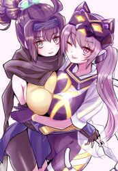 Rule 34 | ahoge, asymmetrical docking, bare shoulders, blonde hair, breast press, breasts, brown hair, duel monster, elbow gloves, fingerless gloves, forehead protector, gloves, green eyes, hug, i:p masquerena, jacket, kunai, large breasts, long hair, multicolored hair, one eye closed, ponytail, purple eyes, s-force rappa chiyomaru, s:p little knight, scarf, see-through, see-through jacket, sleeveless, taratsuka, twintails, weapon, yu-gi-oh!, yuri