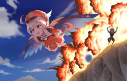 Rule 34 | 1girl, absurdres, ahoge, backpack, bag, blonde hair, blue sky, boots, brown footwear, cliff, cloud, cloudy sky, day, dress, explosion, feathers, flying, full body, genshin impact, gliding, hair between eyes, hat, hat feather, highres, hilichurl (genshin impact), klee (genshin impact), knee boots, long hair, long sleeves, low twintails, open mouth, pointy ears, red dress, red eyes, red headwear, skimun, sky, slime (genshin impact), smile, twintails, white feathers, white legwear