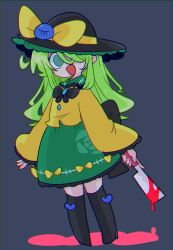 Rule 34 | 1girl, ambiguous red liquid, back bow, black bow, black footwear, black hat, blouse, boots, bow, butcher knife, buttons, diamond button, eyeball, floral print, frilled hat, frilled shirt collar, frilled skirt, frilled sleeves, frills, green eyes, green hair, green skirt, hat, hat bow, hat ribbon, heart, heart of string, highres, komeiji koishi, light green hair, long hair, long sleeves, one eye covered, op na yarou, ribbon, rose print, shirt, skirt, smile, solo, third eye, touhou, wide sleeves, yellow bow, yellow ribbon