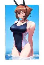 Rule 34 | 1girl, arms behind back, breasts, brown eyes, brown hair, cleavage, closed mouth, commission, competition swimsuit, hair between eyes, headgear, highres, kantai collection, large breasts, looking at viewer, mutsu (kancolle), one-piece swimsuit, outside border, partially submerged, short hair, skeb commission, solo, swimsuit, wet, wet hair, yue (tada no saboten)