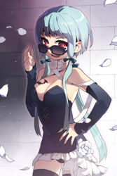 Rule 34 | 1girl, arm up, armpits, bandages, bare shoulders, bat (animal), black thighhighs, blue hair, btoor, detached sleeves, flower, frills, glasses, hair ribbon, hand on own hip, hip focus, kkaleupin, long hair, lowres, open mouth, petals, red eyes, ribbon, solo, sword girls, tattoo, thighhighs, twintails, very long hair