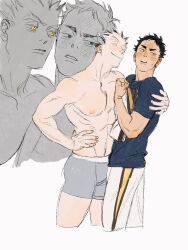 Rule 34 | 2boys, akaashi keiji, averting eyes, black eyes, black hair, blue eyes, blue shirt, blush, bokuto koutarou, boxer briefs, chengongzi123, chinese commentary, closed eyes, closed mouth, colored eyelashes, commentary request, cropped legs, facing another, grey hair, grey male underwear, haikyuu!!, hand on own hip, hands up, highres, holding, hug, looking at another, male focus, male underwear, multicolored hair, multiple boys, multiple views, open mouth, pants, parted lips, shirt, short hair, simple background, slit pupils, smile, standing, streaked hair, t-shirt, thick eyebrows, underwear, very short hair, white background, yaoi, yellow eyes