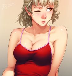 Rule 34 | 1girl, bare shoulders, blonde hair, blunt bangs, blush, breasts, cleavage, collarbone, feguimel, gradient background, lips, looking to the side, one-piece swimsuit, one eye closed, original, parted lips, red one-piece swimsuit, short hair, solo, swimsuit, upper body, watermark, yellow eyes