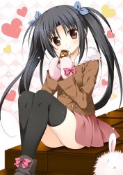 Rule 34 | 10s, 1girl, alice or alice, black hair, black thighhighs, blue ribbon, bow, brown coat, brown eyes, can, coat, floating hair, footwear bow, frilled skirt, frills, fur trim, gloves, hair between eyes, hair ribbon, head tilt, heart, highres, holding, holding can, kisaki (alice or alice), korie riko, long hair, looking at viewer, miniskirt, pink bow, pink gloves, pink skirt, ribbon, shiny clothes, shoes, sitting, skirt, smile, solo, thighhighs, twintails, very long hair