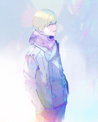 Rule 34 | 1boy, buttons, closed eyes, colorful, commentary request, hands in pockets, highres, jacket, kaneki ken, kyuuba melo, long sleeves, pants, parted lips, scarf, short hair, solo, teeth, tokyo ghoul