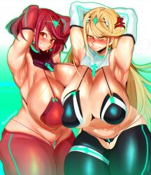 Rule 34 | 2girls, absurdres, adapted costume, anger vein, armpits, arms behind head, bikini, black bikini, black thighhighs, blonde hair, blush, breasts, cashumeru, clenched teeth, collar, cowboy shot, earrings, gradient background, green background, highres, huge breasts, jewelry, long hair, looking at viewer, matching hair/eyes, multiple girls, mythra (xenoblade), navel, pyra (xenoblade), red bikini, red eyes, red hair, red thighhighs, shiny clothes, short hair, smile, standing, sweat, swept bangs, swimsuit, teeth, thighhighs, thong, tiara, white background, xenoblade chronicles (series), xenoblade chronicles 2, yellow eyes