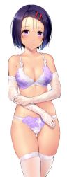 Rule 34 | bare shoulders, blush, bra, breasts, commission, elbow gloves, gloves, gluteal fold, hair ornament, hairclip, highres, looking at viewer, medium breasts, navel, panties, parted lips, purple eyes, purple hair, sairenji haruna, short hair, simple background, skeb commission, skindentation, solo, standing, thigh gap, thighhighs, thighs, to love-ru, underwear, underwear only, wa (genryusui), white background, white bra, white gloves, white panties, white thighhighs