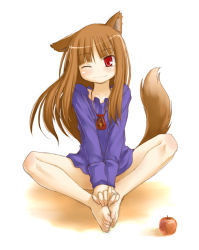 Rule 34 | 00s, 1girl, animal ears, apple, barefoot, bottomless, brown hair, butterfly sitting, feet, feet together, flat chest, food, fruit, hands on feet, holo, jewelry, kasuga yukihito, knees apart feet together, long hair, necklace, one eye closed, red eyes, sitting, sketch, solo, spice and wolf, tail, toes, wink, wolf ears, wolf tail