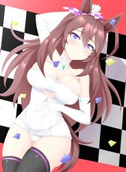 Rule 34 | 1girl, absurdres, alternate costume, animal ears, arm up, bare shoulders, black thighhighs, blue eyes, blush, bow, breasts, brown hair, checkered bow, checkered clothes, checkered flag, choker, cleavage, closed mouth, clothing cutout, commentary request, confetti, covered navel, cowboy shot, criss-cross halter, dress, ear bow, ear ornament, elbow gloves, flag, gloves, gurukorian, halterneck, hand on own stomach, highres, horse ears, horse girl, horse tail, large breasts, long hair, lying, mihono bourbon (umamusume), on back, red background, solo, tail, thighhighs, umamusume, underboob cutout, very long hair, white choker, white dress, white gloves