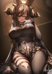 Rule 34 | 1girl, animal ears, bare shoulders, black dress, black thighhighs, breasts, brown hair, closed eyes, detached sleeves, dress, extra ears, galleon (granblue fantasy), genyaky, gloves, granblue fantasy, highres, horns, large breasts, long hair, multicolored hair, open mouth, pelvic curtain, pointy ears, sitting, solo, streaked hair, swept bangs, thigh strap, thighhighs, thighs, two-tone dress, wariza, white dress, white gloves, wide sleeves