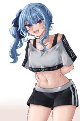 Rule 34 | 1girl, arms behind back, blue eyes, blue hair, clothes writing, collarbone, crop top, gradient background, hair between eyes, hair ribbon, highres, hololive, hololive dance practice uniform, hoshimachi suisei, long hair, looking at viewer, navel, official alternate costume, open mouth, oracle silbern, ponytail, ribbon, shirt, short sleeves, shorts, side ponytail, simple background, smile, solo, star (symbol), star in eye, stomach, sweat, symbol in eye, virtual youtuber, white background
