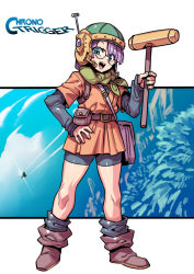 Rule 34 | 1girl, bag, bike shorts, blue eyes, boots, chrono trigger, copyright name, full body, glasses, hammer, helmet, highres, long sleeves, looking at viewer, lucca ashtear, purple hair, satchel, shirt, short hair, simple background, smile, solo, tukiwani, tunic, weapon, white background