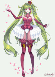Rule 34 | 1girl, arm up, blush, boots, breasts, character name, cherry blossoms, creatures (company), dress, earrings, elbow gloves, full body, game freak, gen 7 pokemon, gloves, green hair, grin, highres, jewelry, large breasts, long hair, looking at viewer, merlusa, nintendo, parted lips, personification, pokedex number, pokemon, red dress, red eyes, red footwear, red gloves, smile, solo, teeth, thigh boots, thighhighs, tsareena, twintails, very long hair