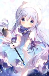 Rule 34 | 1girl, :o, blue bow, blue eyes, blue footwear, blue hair, blue skirt, blue vest, blush, bow, brooch, character hat, commentary request, gloves, gochuumon wa usagi desu ka?, hair ornament, hat, holding, holding spoon, jewelry, kafuu chino, long hair, magical girl, oversized object, pantyhose, parted lips, pleated skirt, puffy short sleeves, puffy sleeves, shiratama (shiratamaco), shirt, shoes, short sleeves, skirt, solo, spoon, standing, standing on one leg, tippy (gochiusa), twintails, very long hair, vest, white gloves, white hat, white pantyhose, white shirt, x hair ornament