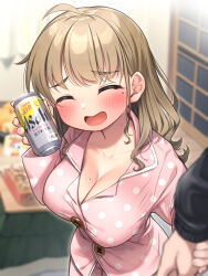 Rule 34 | beer can, black sweater, blurry, blurry background, blush, breasts, brown hair, can, cleavage, closed eyes, collarbone, depth of field, drink can, highres, holding, holding can, holding hands, indoors, kuromasu, large breasts, mole, mole on breast, mole under eye, open mouth, oppai loli, original, pajamas, pink pajamas, polka dot, polka dot pajamas, pov, sweater