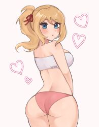 Rule 34 | 1girl, :o, ass, bandeau, bare arms, bare shoulders, blonde hair, blue eyes, blush, breasts, commentary, cowboy shot, from behind, grey background, hair ribbon, heart, highres, large breasts, long hair, looking at viewer, looking back, metroid, midriff, mole, mole under mouth, nintendo, panties, pink panties, ponytail, purrlucii, red ribbon, revision, ribbon, samus aran, sidelocks, simple background, solo, standing, strapless, thighs, tube top, underwear