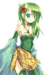 Rule 34 | 1990s (style), 1girl, detached sleeves, earrings, final fantasy, final fantasy iv, green eyes, green hair, green lips, hair ornament, jewelry, lipstick, long hair, makeup, matching hair/eyes, necklace, rydia (ff4), satou kibi, sketch, smile, solo, thighhighs, aged down