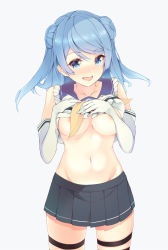 Rule 34 | 10s, 1girl, :d, blue background, blue eyes, blue hair, breasts, clothes lift, double bun, elbow gloves, gloves, grey background, groin, highres, inushi, kantai collection, looking at viewer, matching hair/eyes, navel, nipples, no headwear, no headwear, open mouth, pleated skirt, school uniform, serafuku, shirt lift, short hair, simple background, skindentation, skirt, smile, solo, thigh strap, urakaze (kancolle), white gloves