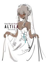 Rule 34 | 10s, 1girl, altera (fate), alternate costume, armlet, bare arms, bare shoulders, blush, bracelet, breasts, character name, choker, cleavage, closed mouth, collarbone, copyright name, dark-skinned female, dark skin, dress, fate/extella, fate/extra, fate/grand order, fate (series), feet out of frame, flower, headdress, jewelry, long dress, long hair, looking down, red eyes, shenq, simple background, sleeveless, sleeveless dress, small breasts, solo, strapless, strapless dress, tan, tattoo, veil, white background, white choker, white dress, white hair