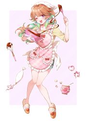 Rule 34 | 1girl, alternate costume, apron, bow, collarbone, colored inner hair, earrings, feather earrings, feathers, green hair, heart, holding, holding bow (ornament), hololive, hololive english, jewelry, kfp, looking at viewer, mamaloni, multicolored hair, official art, one eye closed, open mouth, orange hair, pastry bag, purple eyes, sandals, solo, takanashi kiara, virtual youtuber