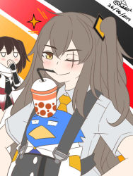 Rule 34 | 2girls, ;&gt;, admiral (kancolle), animal, bendy straw, bird, black neckwear, blush, bubble tea, bubble tea challenge, closed mouth, clothed animal, collared shirt, commentary, crossover, dated, drinking straw, english commentary, girls&#039; frontline, grey shirt, guin guin, hair ornament, hand to own mouth, jacket, kantai collection, long hair, military jacket, multiple girls, necktie, non-human admiral (kancolle), object on head, on head, one eye closed, one side up, orange neckwear, penguin, scarf, sendai (kancolle), shirt, short sleeves, smile, sparkle, twitter username, ump45 (girls&#039; frontline), very long hair, white jacket, white scarf