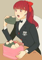 Rule 34 | 1girl, bento, black bow, black jacket, bow, buttons, chopsticks, commentary, english commentary, food, hair bow, highres, holding, holding food, jacket, jivke, lips, long hair, nail, onigiri, open mouth, persona, persona 5, persona 5 the royal, ponytail, red bow, red eyes, red hair, school uniform, shirt, shuujin academy school uniform, signature, simple background, sitting, solo, table, teeth, uniform, white shirt, yoshizawa kasumi
