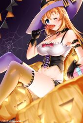 Rule 34 | 1girl, absurdres, black gloves, blue eyes, blush, breasts, brown hair, candy, charlotte e. yeager, cleavage, food, gloves, groin, halloween, hat, highres, hiroshi (hunter-of-kct), jack-o&#039;-lantern, large breasts, lollipop, long hair, looking at viewer, navel, one eye closed, orange thighhighs, pumpkin, silk, sitting, smile, solo, spider web, strike witches, thighhighs, witch, witch hat, world witches series